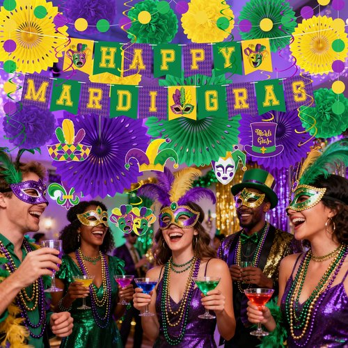 Heartome 25PCS Mardi Gras Decorations, Mardi Gras Party Favors Decor Kit with Paper POMPOM, Happy Carnival Paper Fans Banner Felt Garland, Crown Hanging Swirls for Carnival Party Parade Accessories