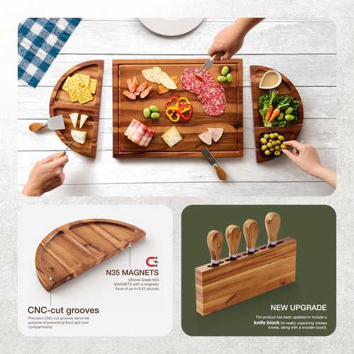 TIDITA 30 inch Large Acacia Wood Charcuterie Board with 4 Knives Set, Magnetic - 3 Parts Wooden Round Tray for Cheese - Long Appetizer Board for Serving Food Platter Cracker Snack