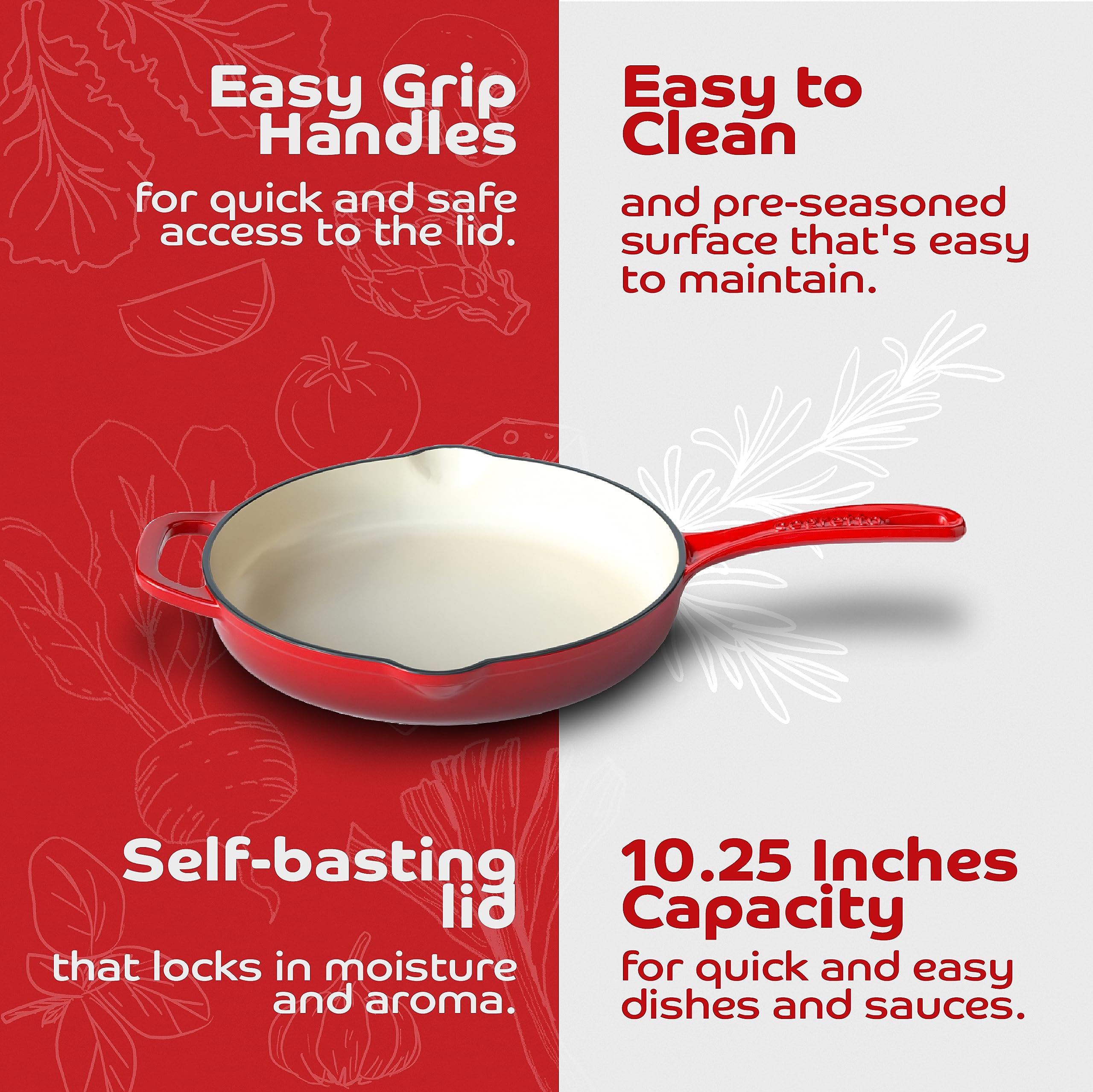 Segretto Cookware Enameled Cast Iron Skillet, 10.25-IN Rosso (Gradient Red) Enamel Skillet Pan, No Seasoning Required and Cast Iron Frying Pan