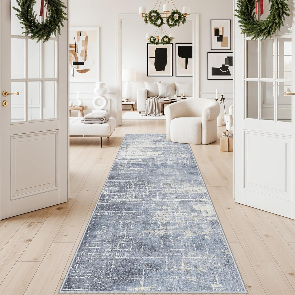 Skiennix Abstract 3x10 Kitchen Rug Runner - Washable Non-Slip Soft Indoor Carpet | Blue/Ivory Design for Living Room & Hallway