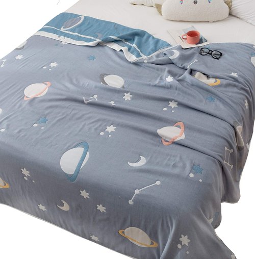 J-pinno Planet Stars Muslin Blanket Reversible 100% Cotton 6 Layer Quilt Bed Blanket Soft Warm Throw Sofa Couch Toddler Kids Boys Cartoon Travel Coverlet Sheet (Universe, Twin 58" X 80")