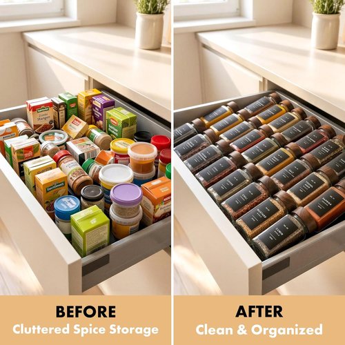 EDELHAUS® Square Spice Jars - Acacia Wooden Lids, Shaker Inserts & 240 Labels | 24-Pack Glass Containers (4.3 in × 1.8 in)