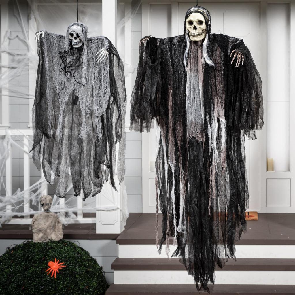 JOYIN 2 Pcs Halloween Hanging Grim Reaper Decorations Outdoor, Halloween Hanging Skeleton Ghosts Scary Decor for Yard Patio Outside Lawn Garden, Haunted House Prop, Party Supplies