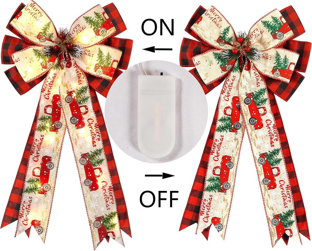 Regine Switzerland Christmas Tree Topper Bow - 30 LED Lights, 13”x25” Rustic Red Black Buffalo Plaid Decor