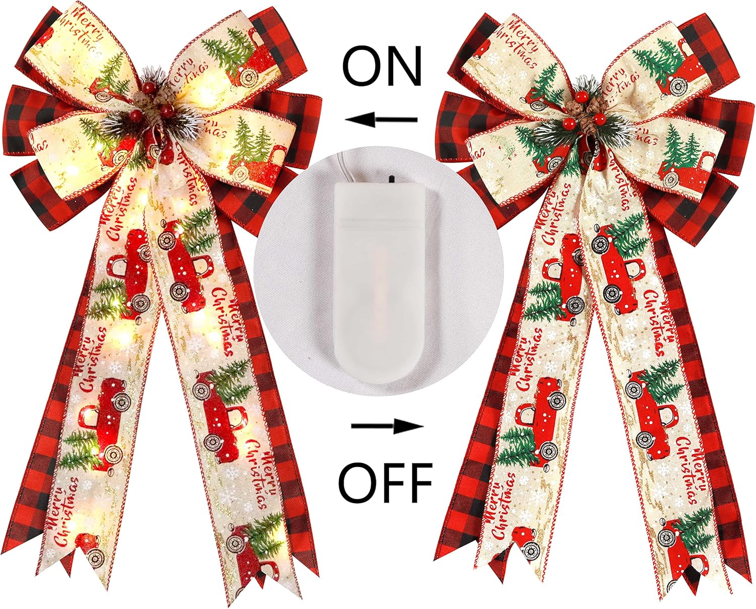 Regine Switzerland Christmas Tree Topper Bow - 30 LED Lights, 13”x25” Rustic Red Black Buffalo Plaid Decor