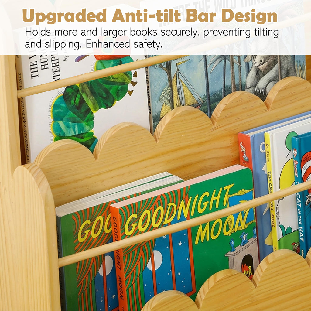 Amdermi Scalloped Design | 3-Tier Montessori Solid Wood Kids Bookcase | 29.6" Wide Toddler Storage Shelf | Easy Access Floor Display Furniture for Playroom/Nursery