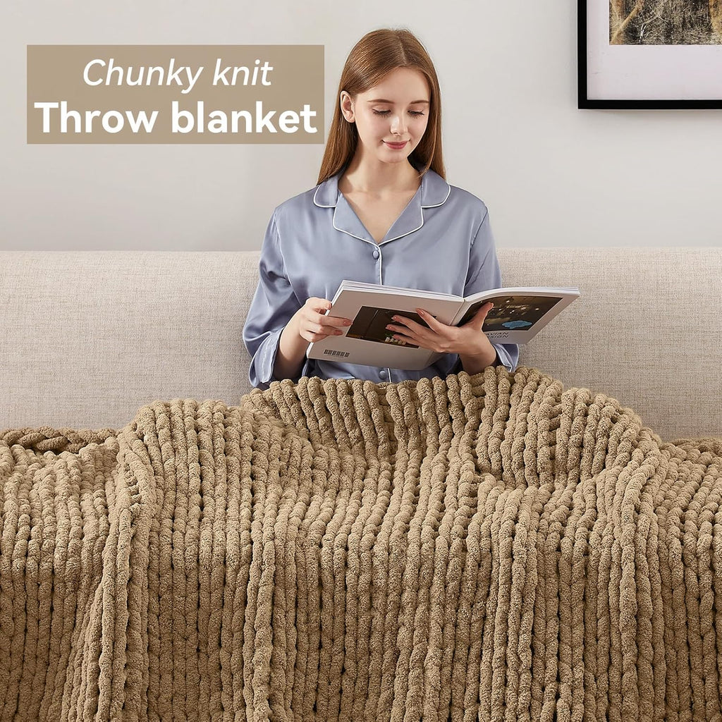 Negwoo Chunky Knit Throw Blanket - Handmade Light Brown Chenille Yarn | Soft & Comfy 40'' x 50'' Size