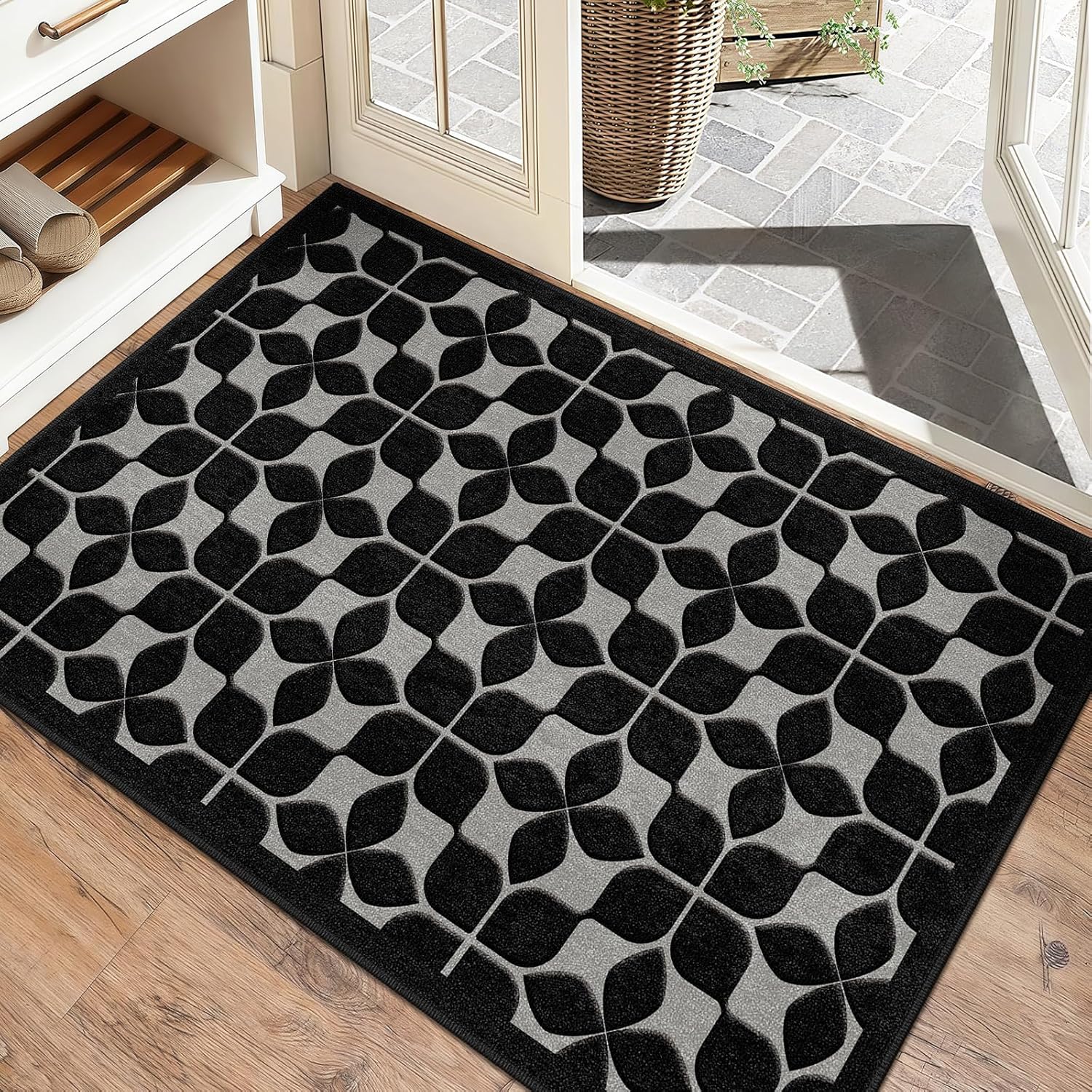 Skiennix Front Door Mat - Washable All-Weather Black Trellis Design | 24"x36" Non-Slip Easy Clean Rug
