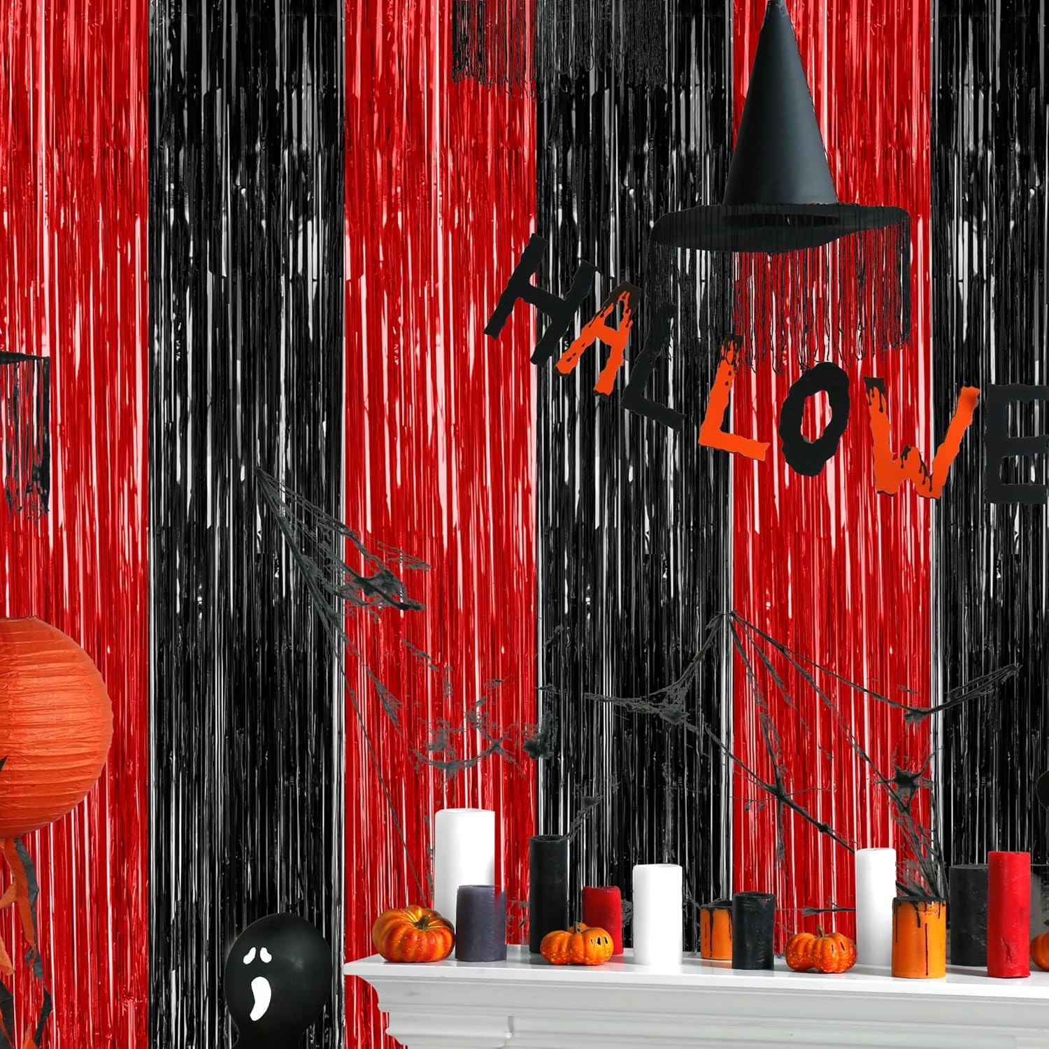 Regine Switzerland 4 Pack Halloween Wall Backdrop - Red & Black Metallic Tinsel Curtains | 3.28 FT x 7.05 FT Party Decor