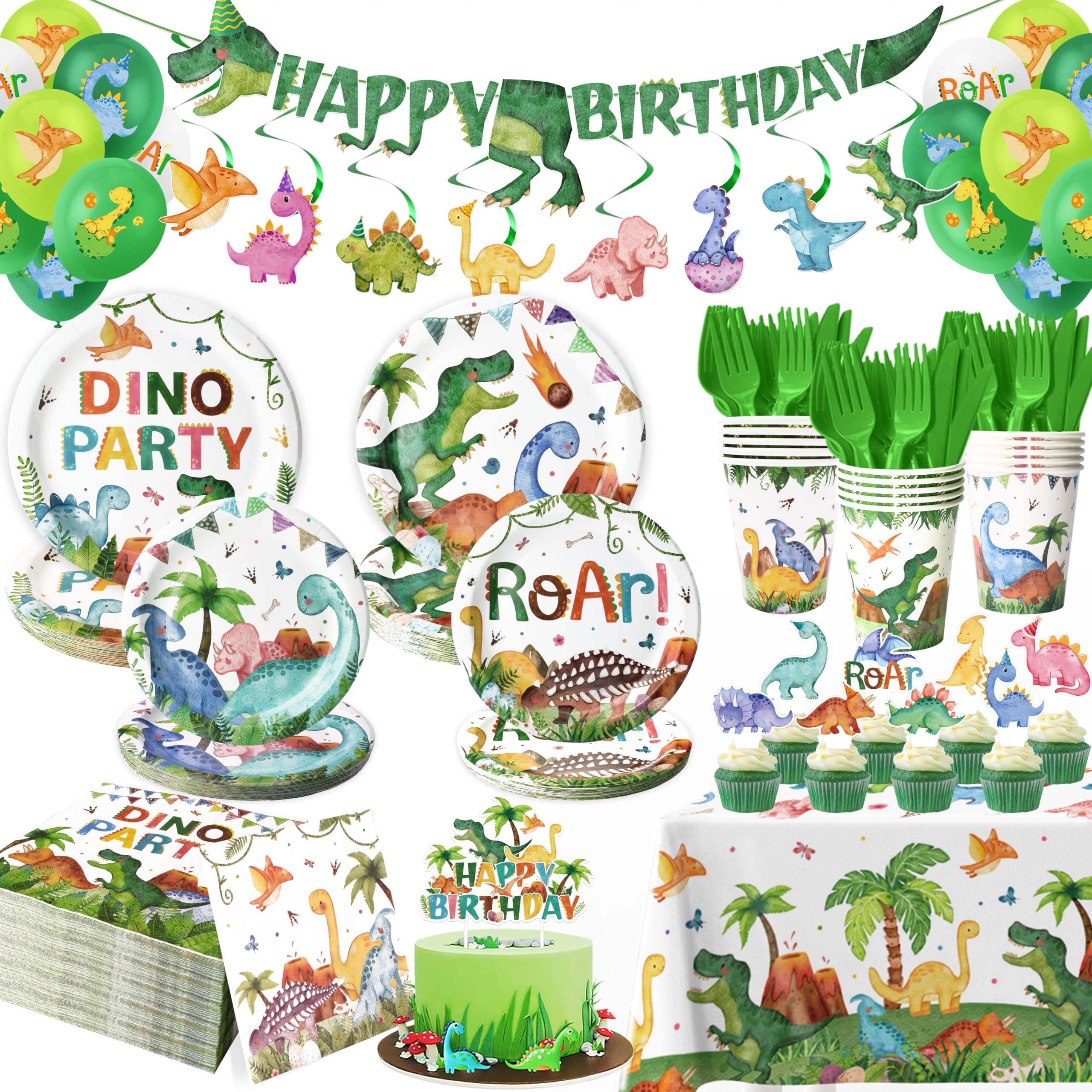189 Pcs Dinosaur Birthday Party Supplies Set - Serves 24, Dino Decorations Kit with Banner, Balloons, Swirls, Cake Toppers, Tableware & Tablecloth