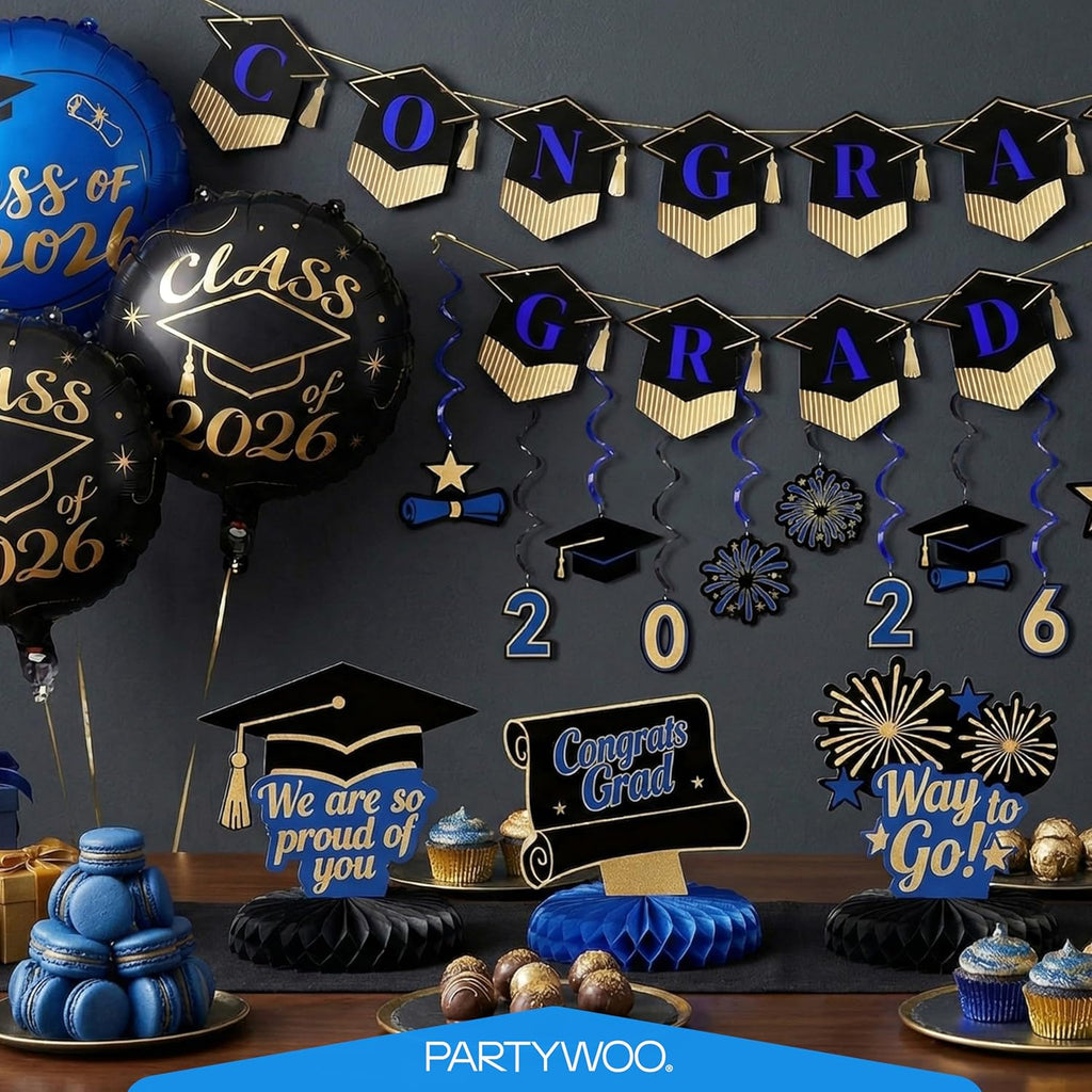 PartyWoo Graduation Decorations - Class of 2026 Black, Gold & Blue 19-Piece Set with Congrats Banner & Balloons