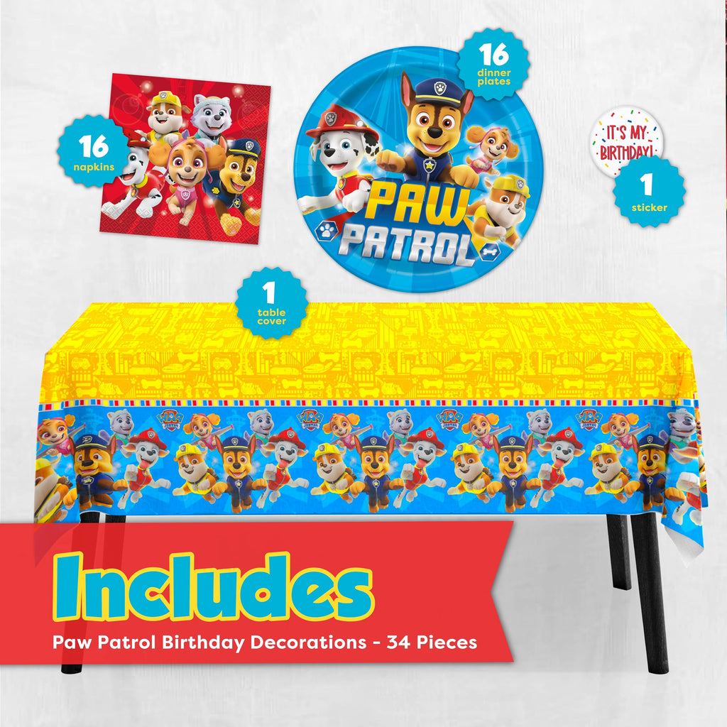 Paw Patrol Birthday Decorations for Party | Serves 16 | Tablecloth, Plates and Napkins, Sticker | Officially Licensed