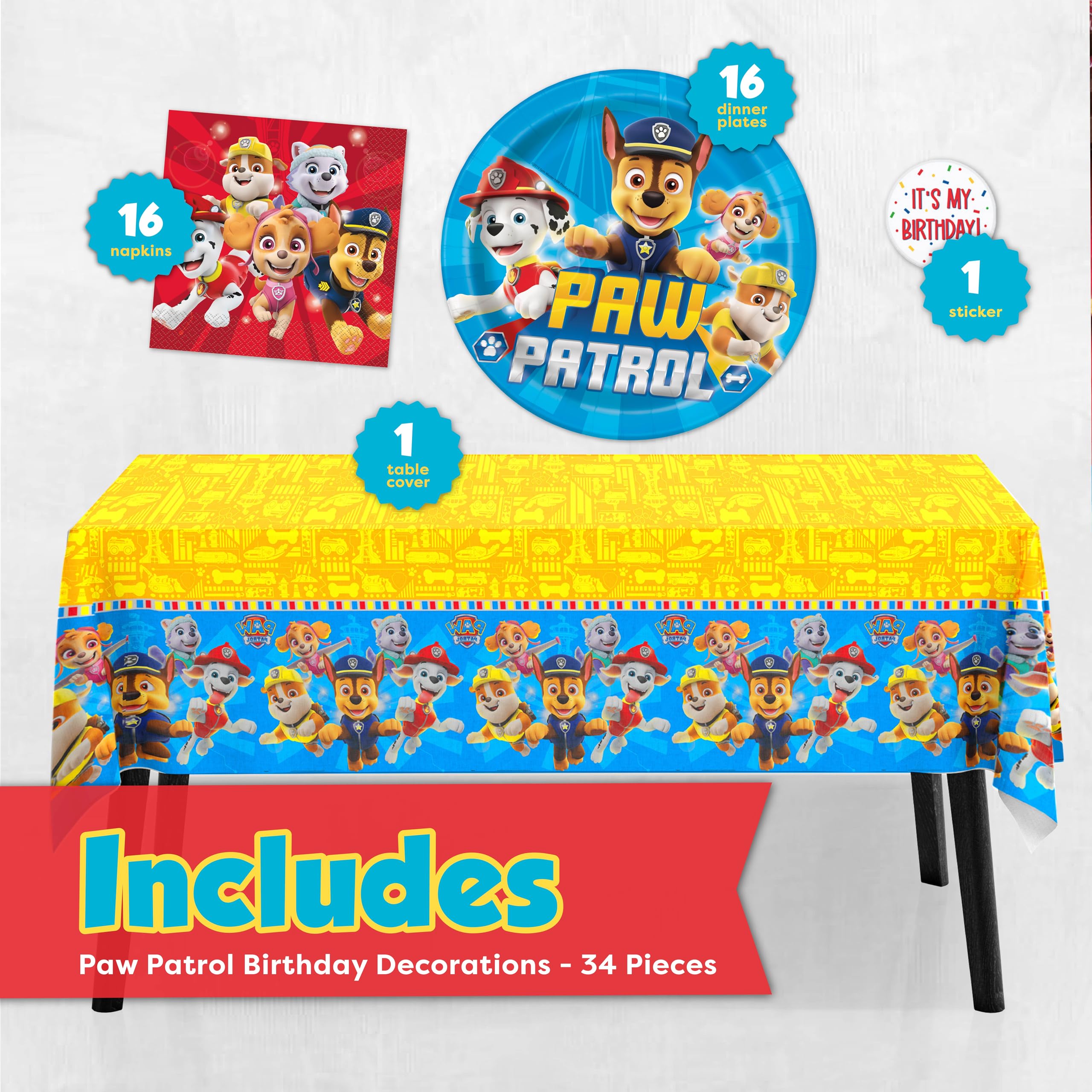 Paw Patrol Birthday Decorations for Party | Serves 16 | Tablecloth, Plates and Napkins, Sticker | Officially Licensed