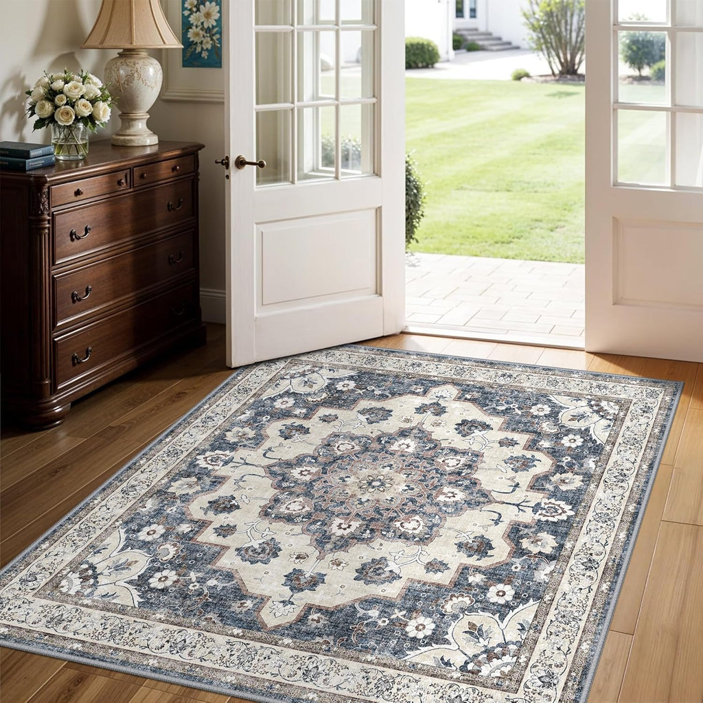 Regine Switzerland Washable 4x4 Square Area Rug - Soft, Non-Slip Carpet for Living Room & Bedroom | Stain Resistant, Blue