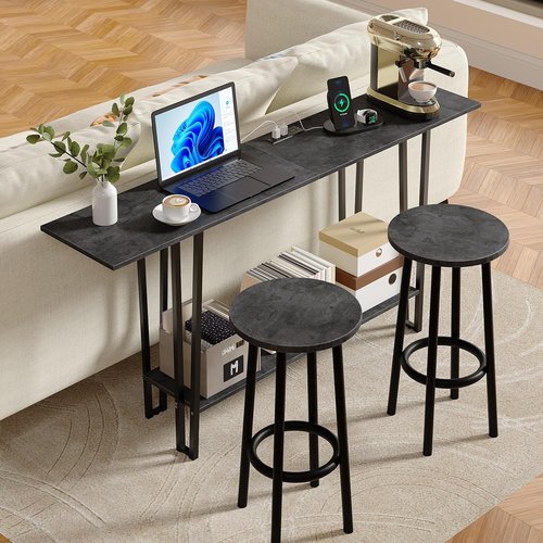 VECELO 55.1" Console Table,Industrial Couch Side Table with Charging Station,TV Stand,Furnitures with Sturdy Metal Frame,2 Tier Storage Shelves for Sofa Side,Entryway, Living Room,Grey