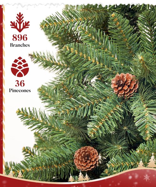 Decoway 6FT Artificial Christmas Tree: Unlit Green Xmas Pine with Pinecones and Metal Stand for Indoor - Holiday Decoration for Porch Living Room Easy Assembly