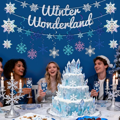 Winter Wonderland Banners, Glittery Snowflakes Hanging Swirls, 3D Laser Paper Snow Flakes for Winter Wonderland Frozen Party Decorations, Christmas Party Decoration, Birthday Home Decor.