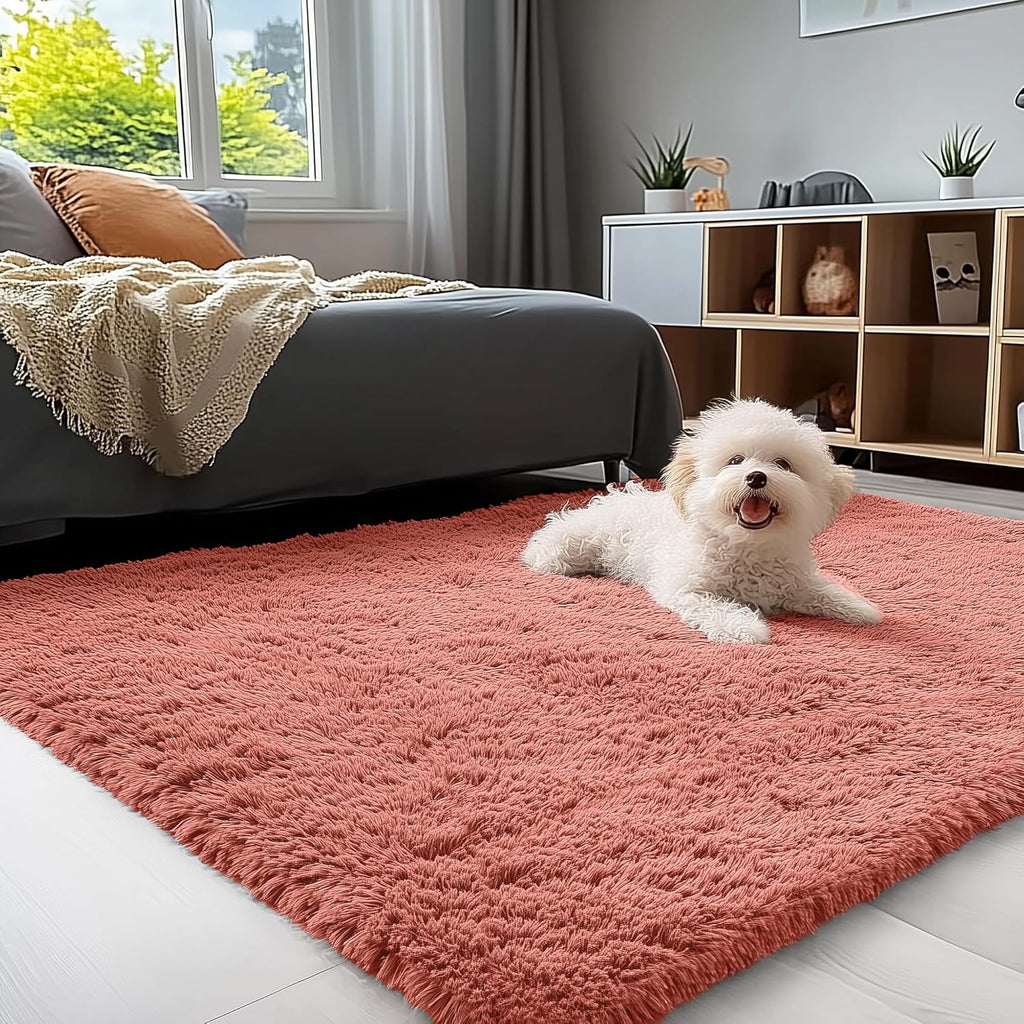 OLANLY Soft Fluffy 3x5 Machine Washable Bedside Rug - Cozy Shaggy Indoor Carpet in Rust Red