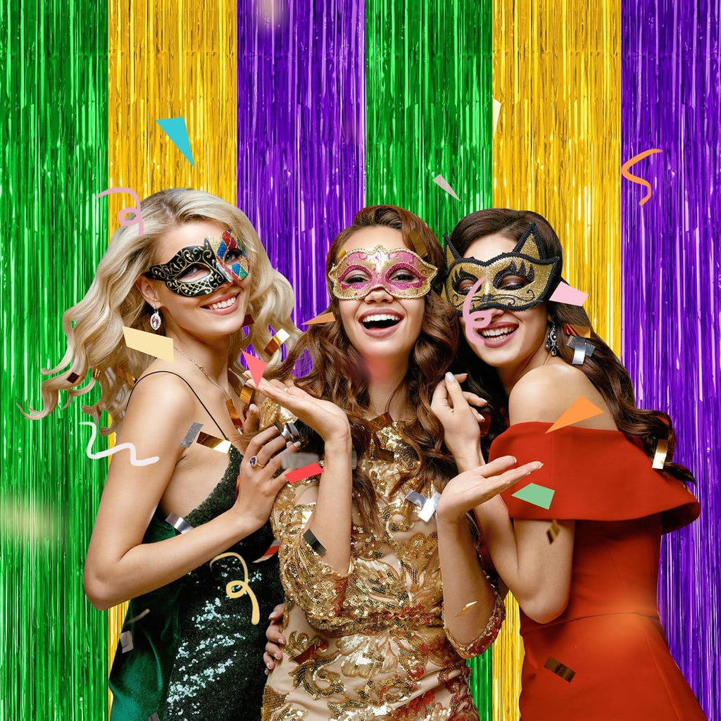 Skiennix Mardi Gras Tinsel Backdrop - 2 Pack Metallic Fringe Curtain | 3.28 FT x 7.05 FT, Purple Gold Green