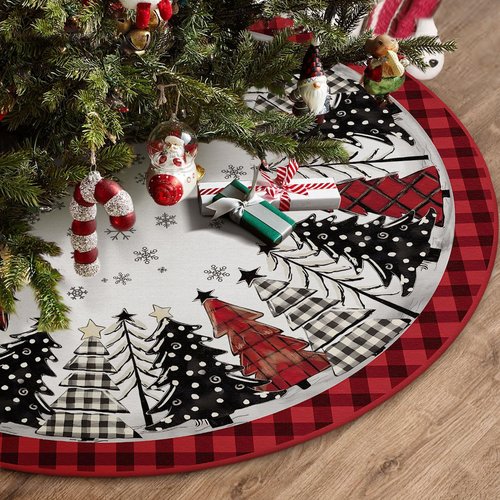 DISENB Christmas Tree Skirt 48 Inch, Red and Black Buffalo Plaid Xmas Tree Skirt, Winter Christmas Tree Mat for Home Party Holiday Indoor Outdoor Decorations