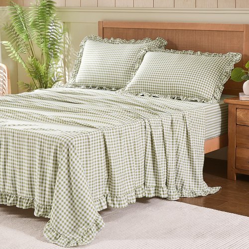 kisswish Gingham Queen Sheet Set, Lightweight Super Soft Brushed Microfiber Plaid Bed Sheets with 16" Deep Pocket, 4 Piece Ruffle Farmhouse Bedroom Decor, Sage Green
