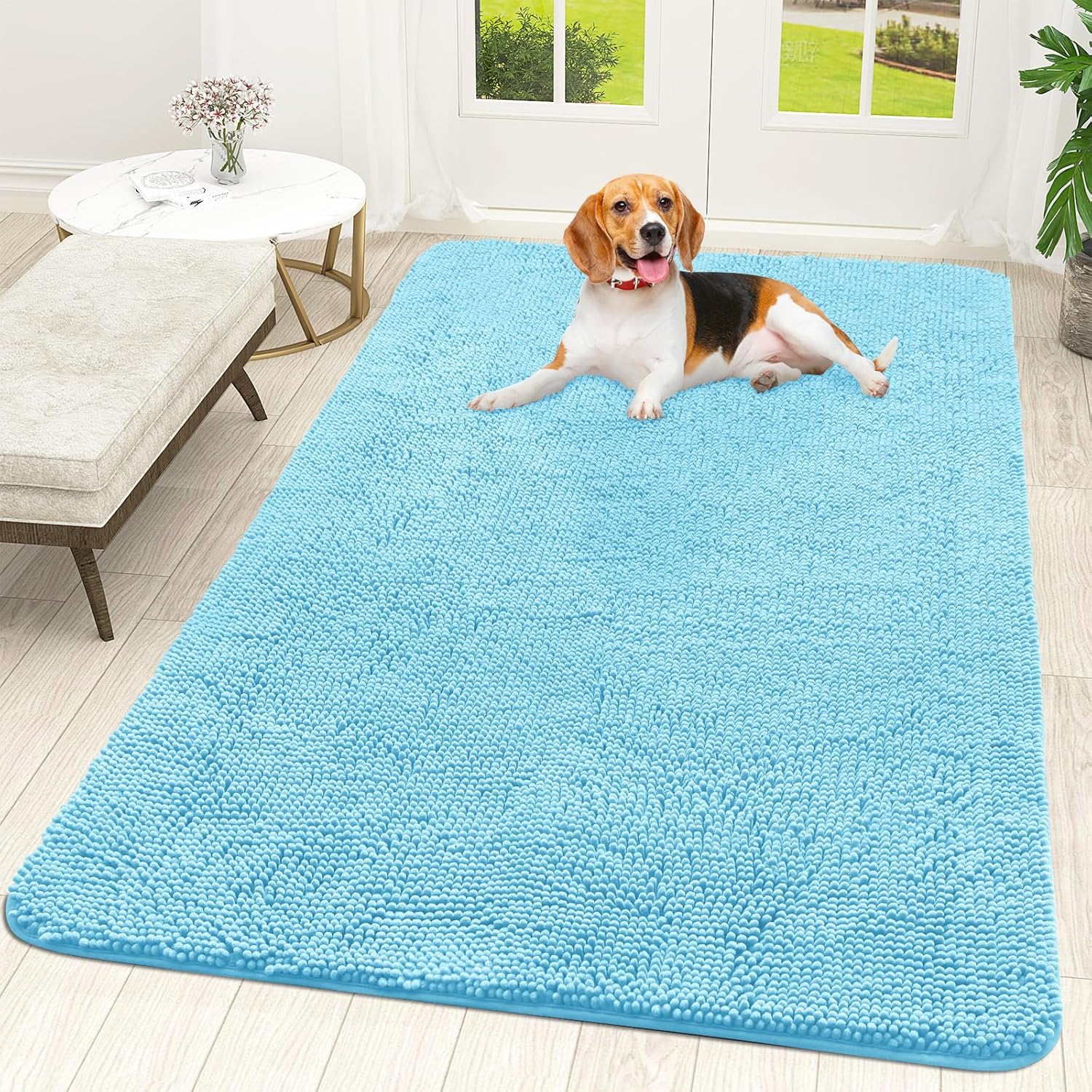 OLANLY Dog Door Mat - Absorbent Non-Slip Chenille Mat for Muddy Paws | 59x35 Inches, Quick Dry, Blue