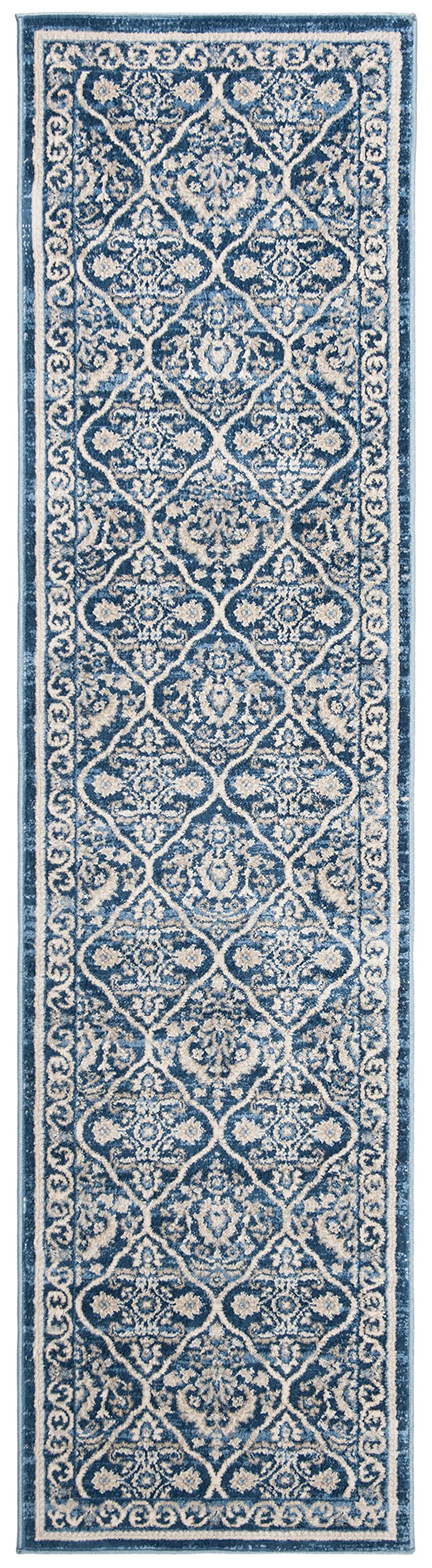 SAFAVIEH Brentwood Collection 2' x 8' Navy / Light Grey BNT870M Oriental Damask Trellis Non-Shedding Living Room Entryway Foyer Hallway Bedroom Runner Rug