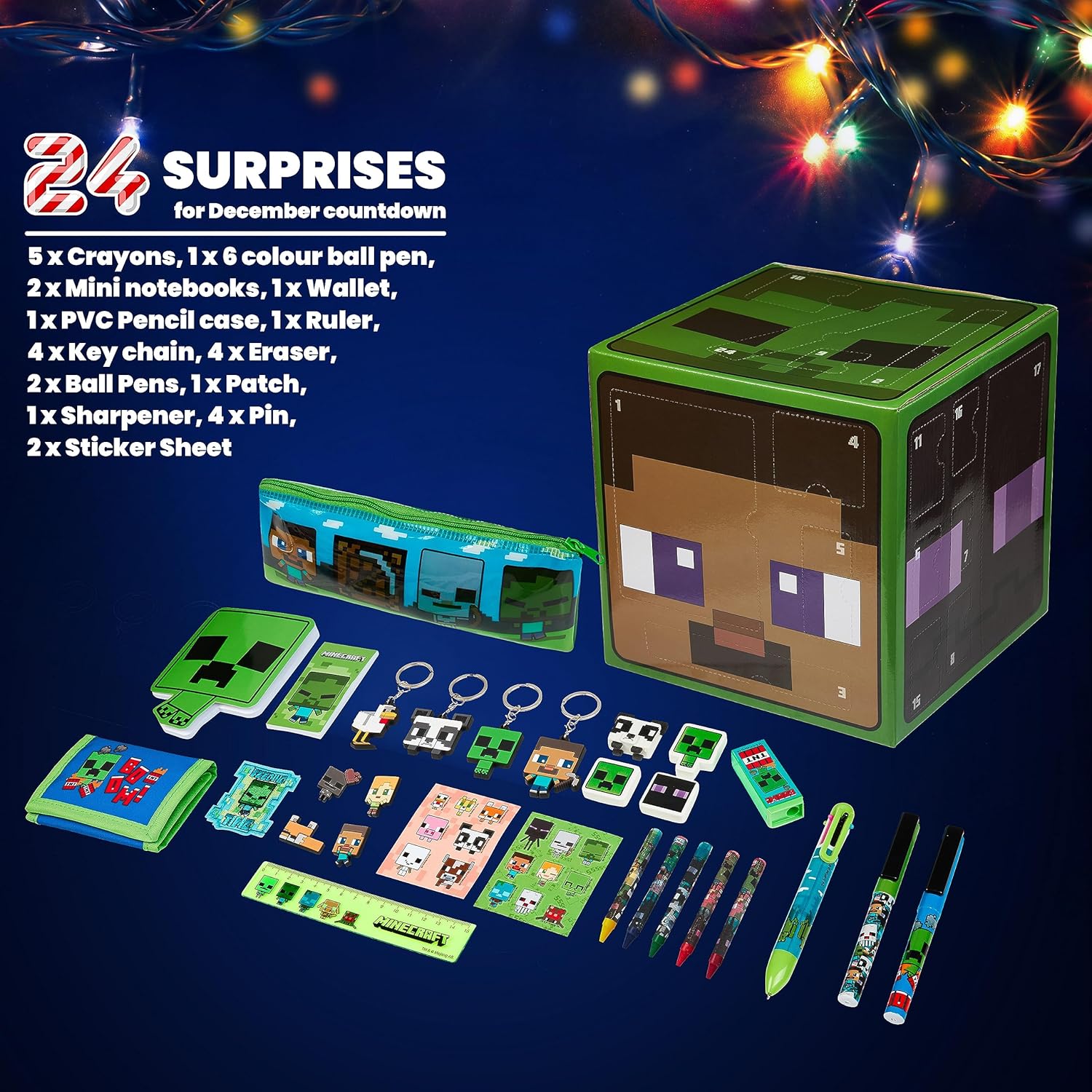 Minecraft Advent Calendar 2025 - 24 Fun Items Including Keychains, Pens & Notebooks | Green Cube Gamer Gift