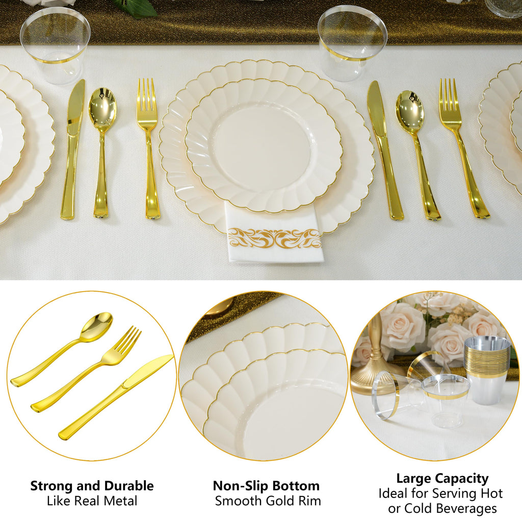 ISFANGCO175PCS Ivory Fancy Disposable Dinnerware Set-Ivory Scalloped Plastic Plates with Gold Rim -25 Dinner&25Dessert Plates, 75 Silverware Set, 25 Napkins and 25 Cups（25 Guests）