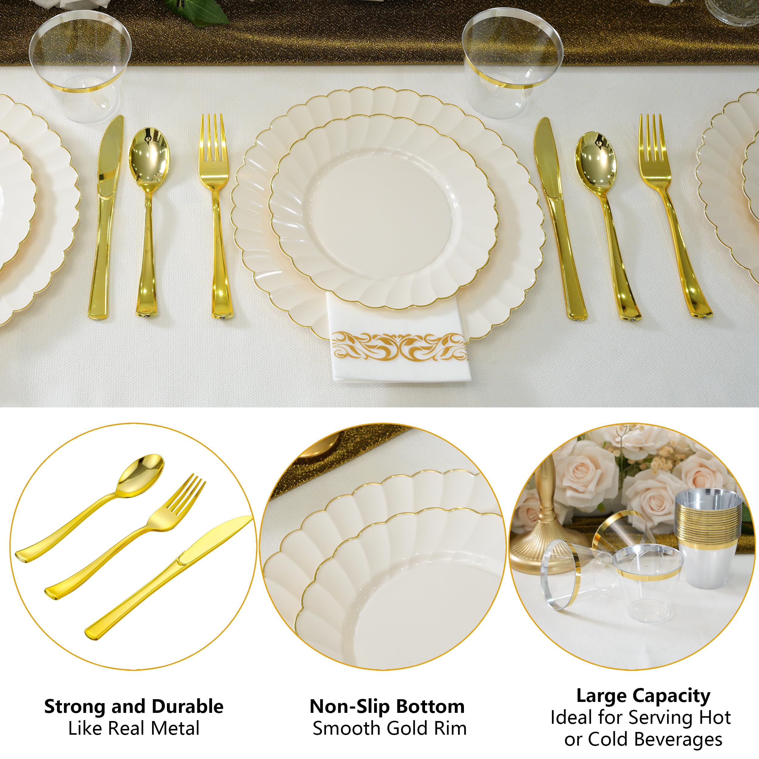 ISFANGCO175PCS Ivory Fancy Disposable Dinnerware Set-Ivory Scalloped Plastic Plates with Gold Rim -25 Dinner&25Dessert Plates, 75 Silverware Set, 25 Napkins and 25 Cups（25 Guests）