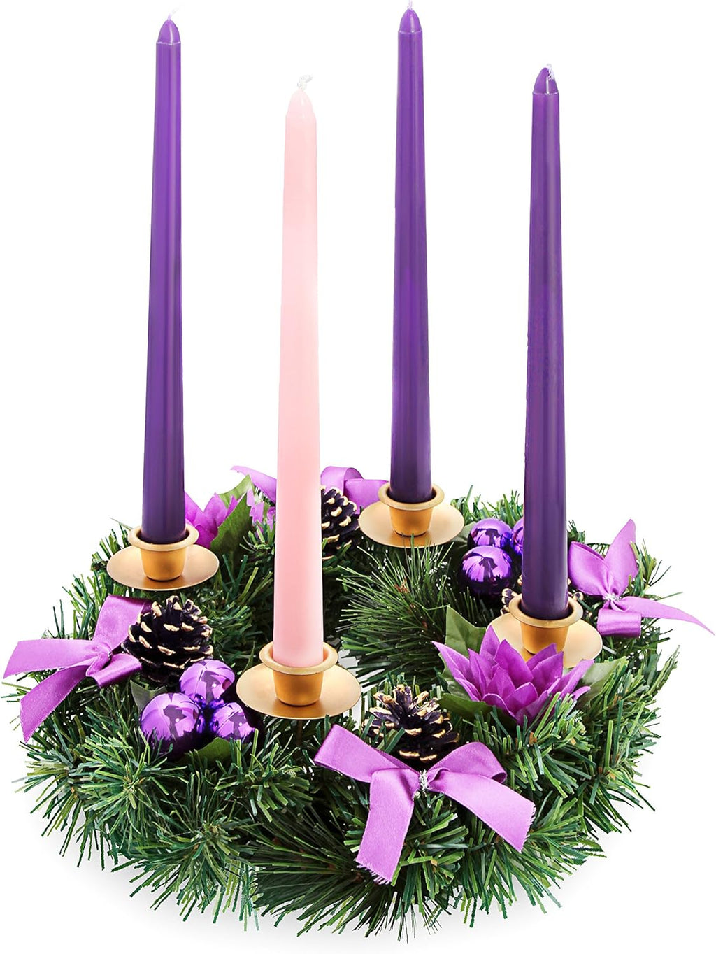 Purple Ribbon Christmas Advent Wreath - Festive Centerpiece Candle Holder for Advent Season