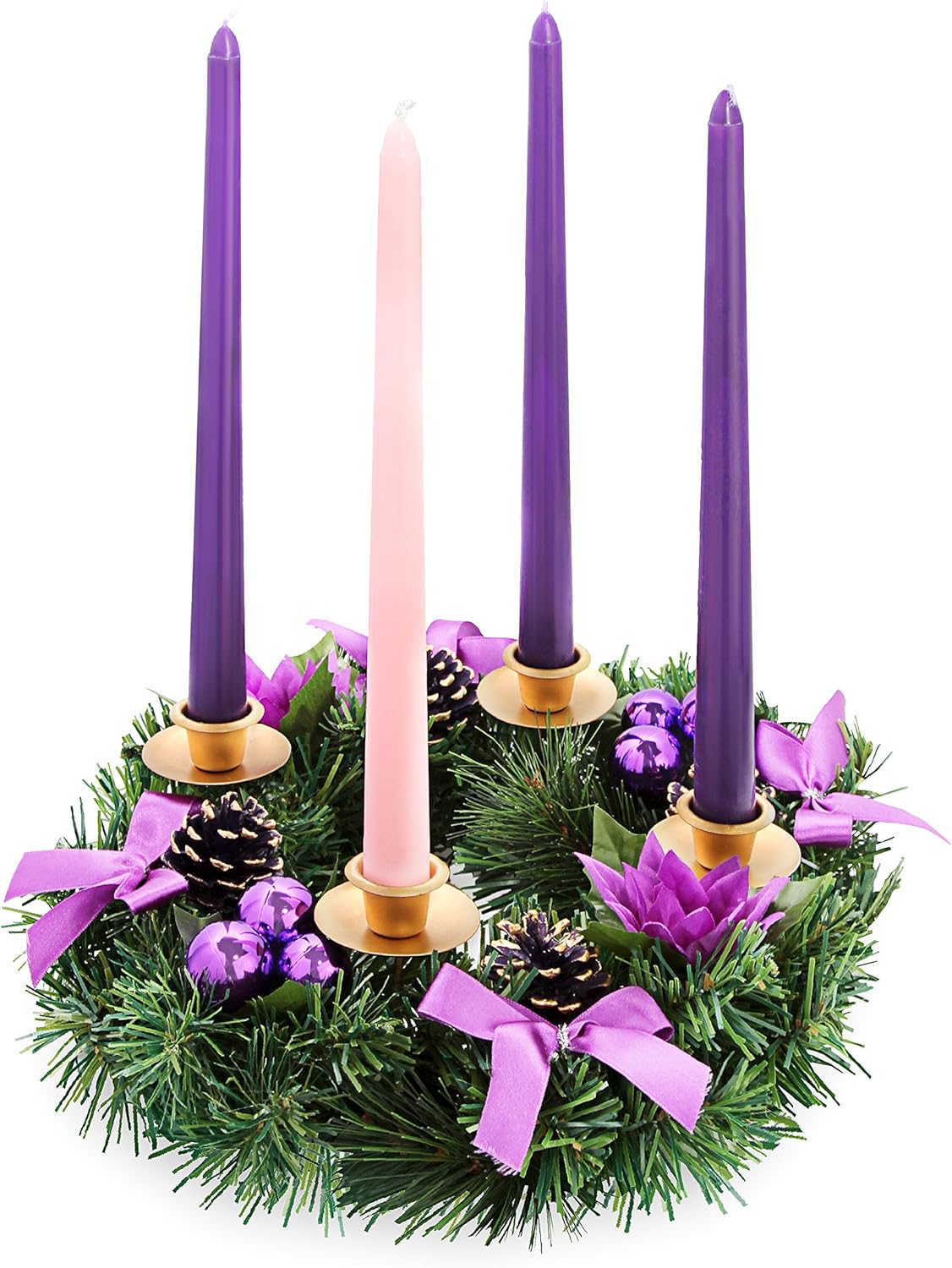 Purple Ribbon Christmas Advent Wreath - Festive Centerpiece Candle Holder for Advent Season