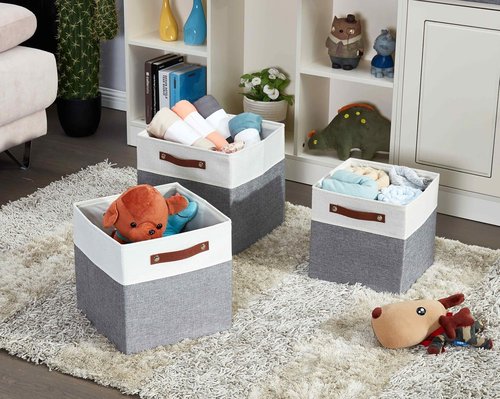 DECOMOMO Fabric Cube Storage Bins - Stylish Storage Baskets for Kallax & Cubbies | Grey & White, 11-Inch Cube - 4 Pack