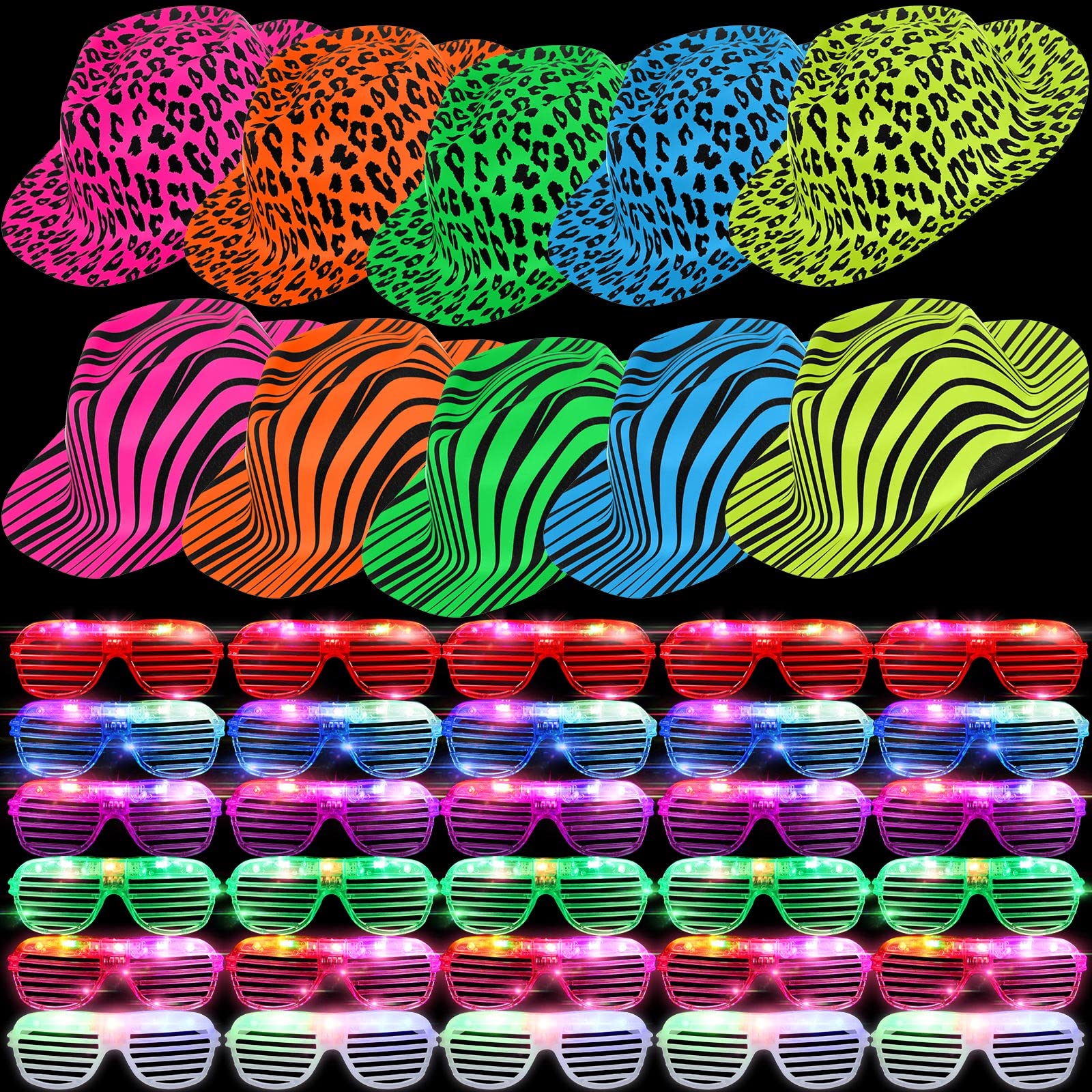 60 Set Party Hats Glasses Including 30 Neon Animal Print Plastic Hats and 30 Flashing LED Light up Glasses for Adult Birthday Bachelorette Party Props