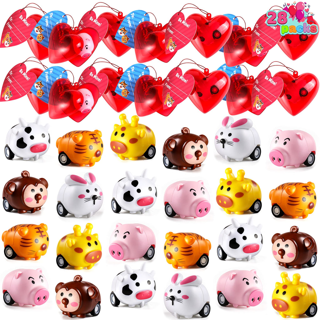 JOYIN 28 Pack Valentine Day Animals Pull Back Vehicles for Kids with Gift Cards and Filled Hearts, Go Car Toy Sets for Toddlers Kids Valentine School Classroom Exchange
