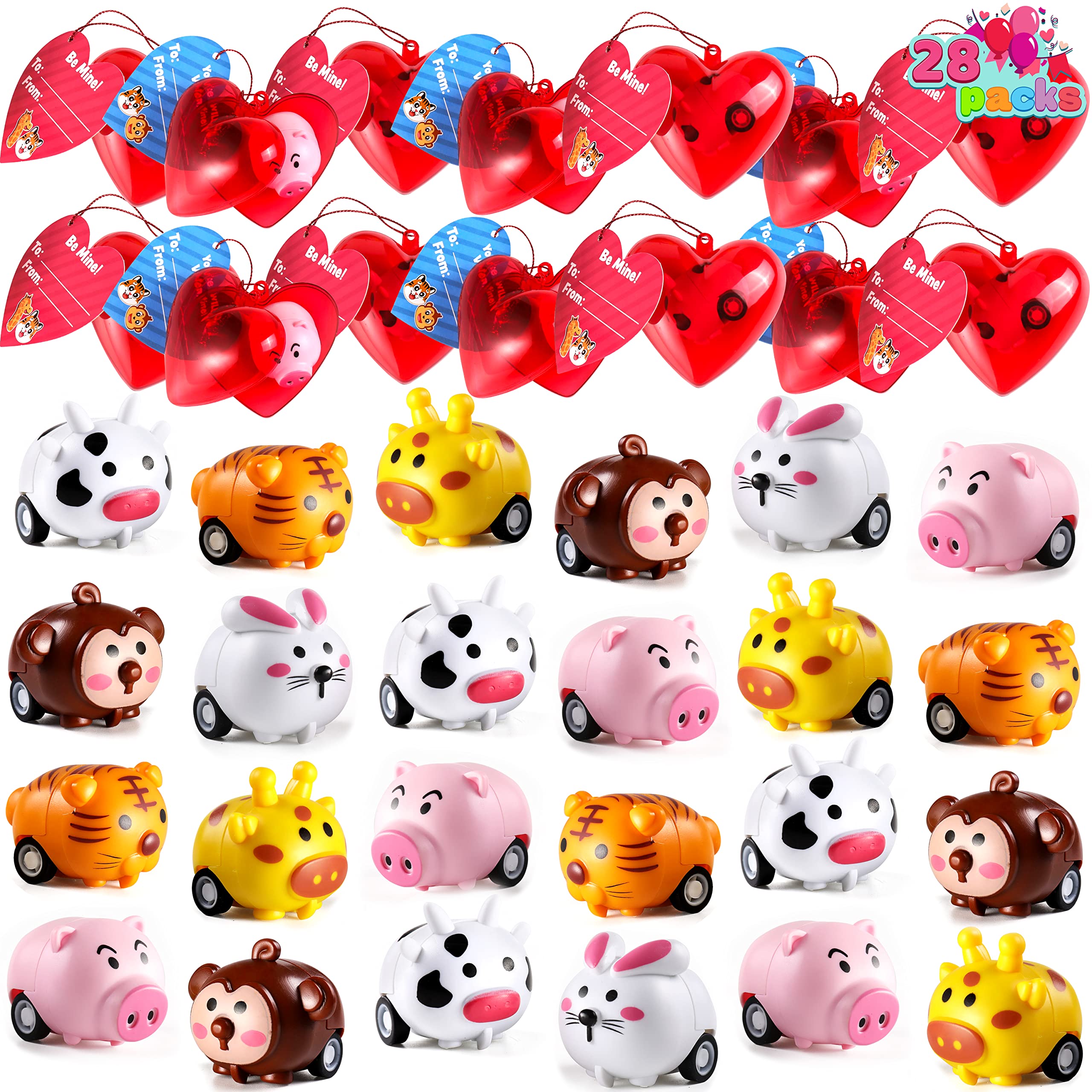 JOYIN 28 Pack Valentine Day Animals Pull Back Vehicles for Kids with Gift Cards and Filled Hearts, Go Car Toy Sets for Toddlers Kids Valentine School Classroom Exchange