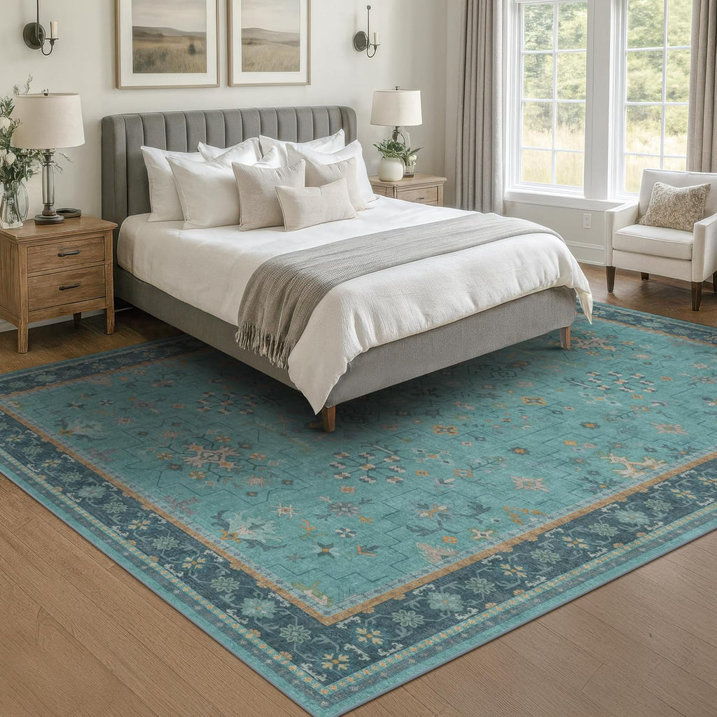 Skiennix 5x7 Teal Rug - Boho Turquoise Living Room Carpet | Washable Non-Slip Design