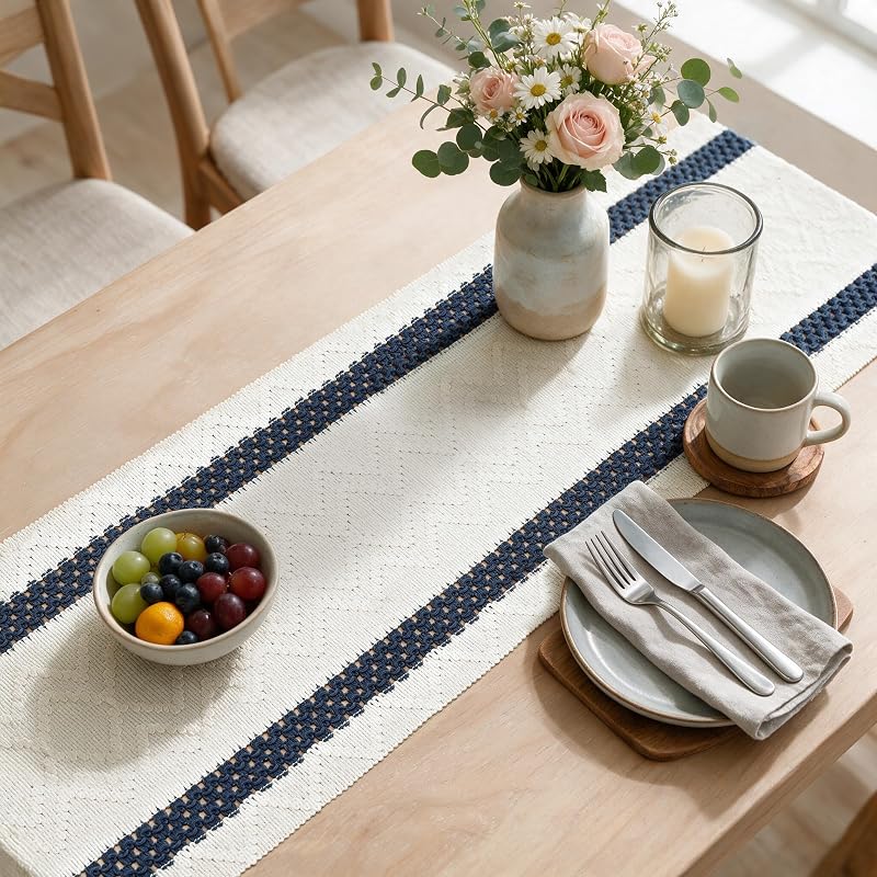 Artoid Mode Dark Blue Stripe Woven Rustic Table Runner 12x60 Inches - Variation: Dark Blue+12x60