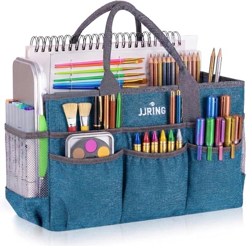 JJRING Large Art Supply Storage Tote Bag - Sturdy Craft Organizer with 2 Mesh Pockets & Elastic Front | Green, Foldable Design for Artists & Teachers