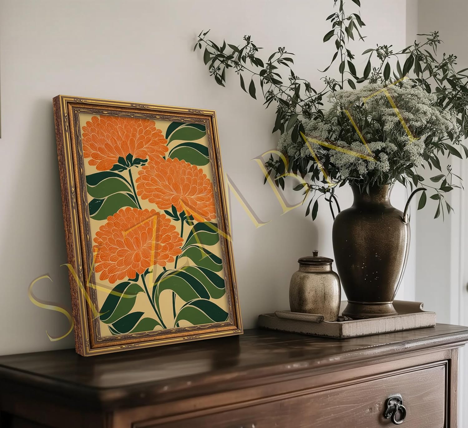 Vintage Gold Framed Canvas Wall Art - Colorful Flower Prints for Living Room & Bedroom Decor