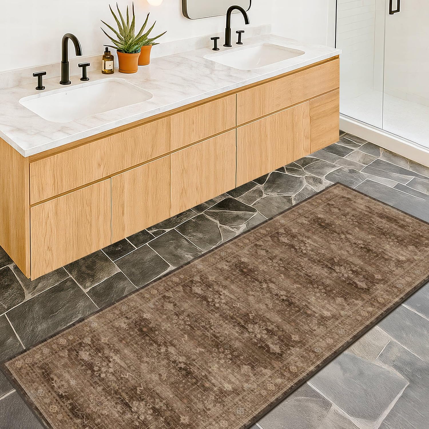 Skiennix Brown Boho Runner Rug - Washable, Non-Slip, Soft Faux Wool | 2x6 ft for Hallway, Kitchen, Bedroom