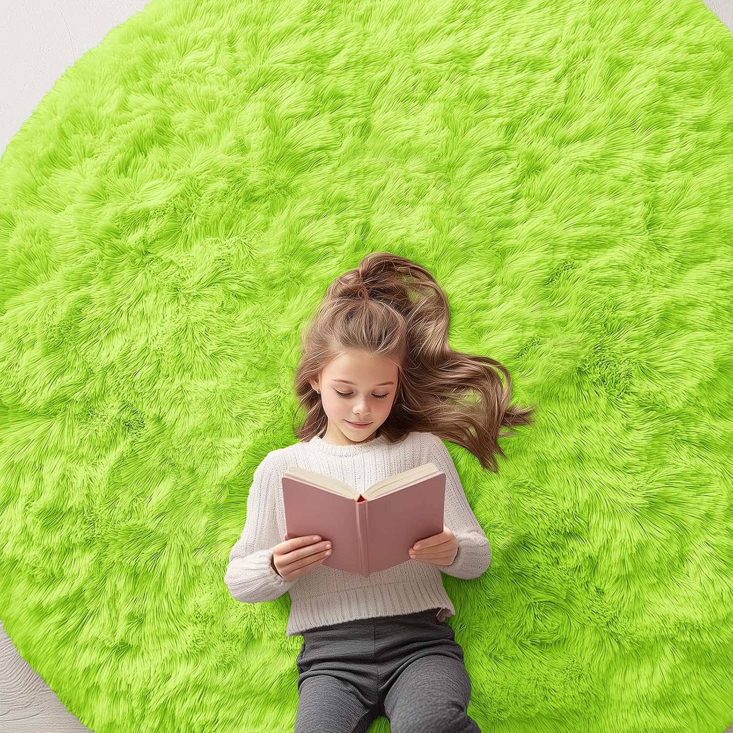 OLANLY Round Lime Green Area Rug - Soft, Fluffy, Machine Washable 6 ft Circle Carpet for Bedroom & Living Room