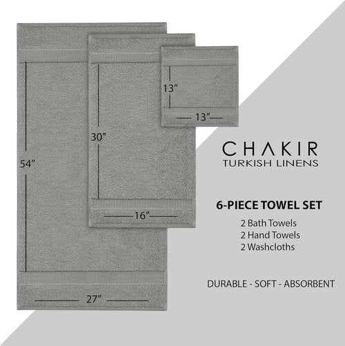 Chakir Turkish Linens Premium Cotton Towel Set - Luxury Spa Quality | 6-Piece (2 Bath, 2 Hand, 2 Washcloths)