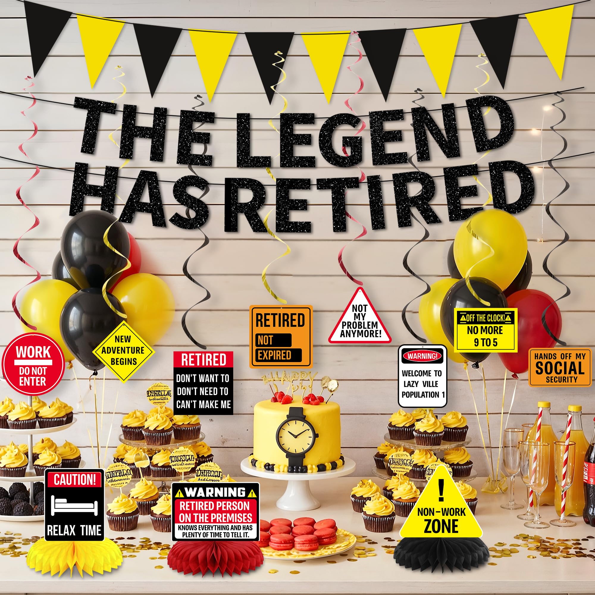 Roetyce Retirement Decorations Men Women, Caution Happy Retirement Banner Hanging Swirls Centerpieces Kit, Funny Legend Retired Party Supplies Backdrop for Coworker Family