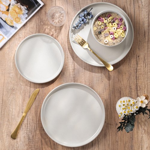HaWare Stoneware Dinnerware Sets, 18-Piece Plates and Bowls Set for 6, Dishes Set for Home Restaurant, Speckled Milky White