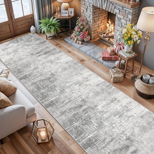 **Regine Switzerland Abstract Kitchen Area Rug - Washable Non-Slip Long Hallway Mat | Soft Stain-Resistant 2'6"x14" in Light Grey**
