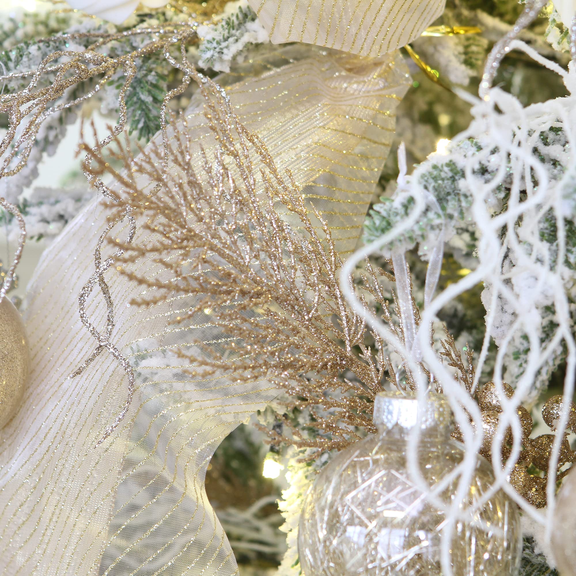 Sea Team 24-Pack Artificial Glitter Pine Tree Twig Ornaments, Decorative Sticks, Glittery Stems, Picks, Branches for Christmas Tree, Small Vase, Holiday, Wedding, Party (14 Inches, Champagne)