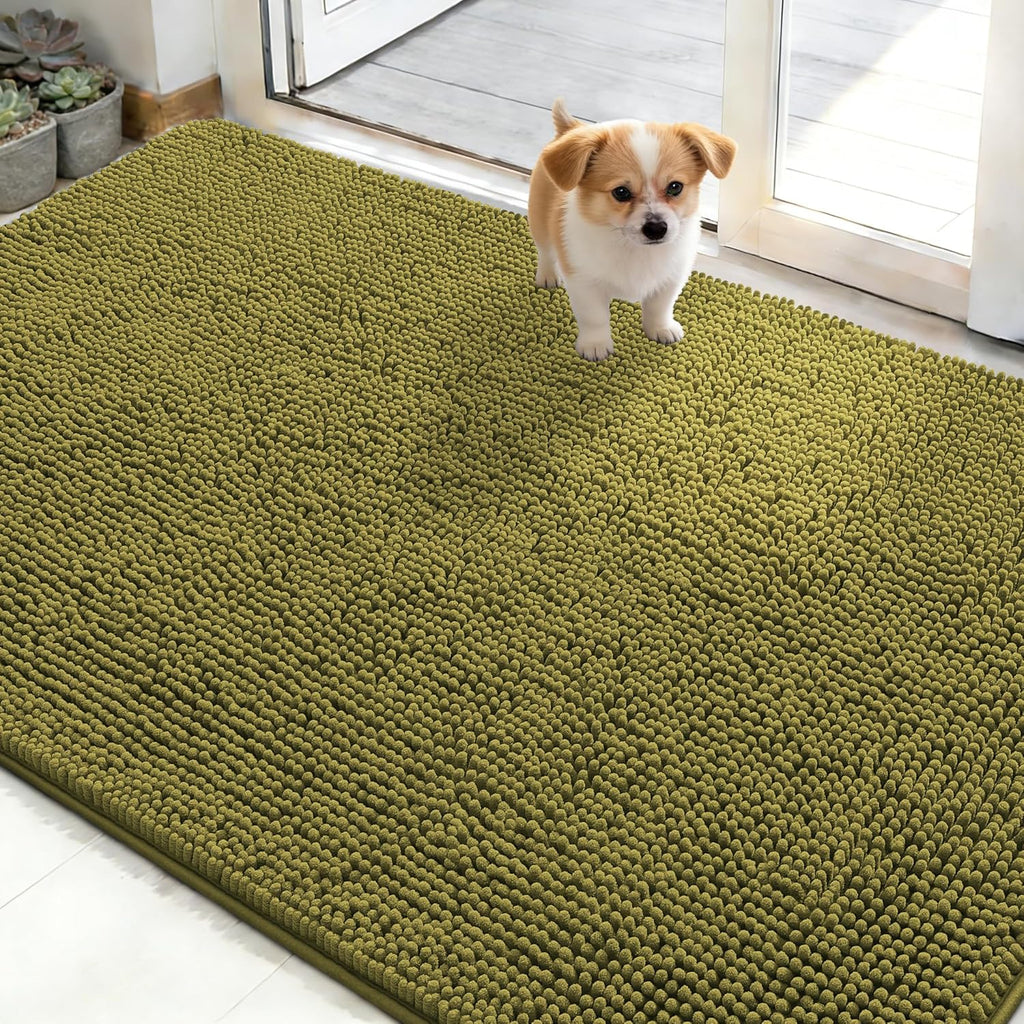 OLANLY Dog Door Mat - Absorbent Non-Slip Washable Doormat for Muddy Paws | 48x30, Quick Dry Chenille, Willow Green