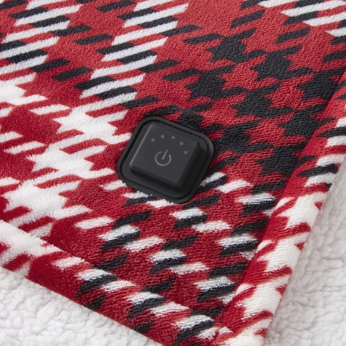 Beautyrest Plush to Sherpa Reversible Electric Blanket, Built-in Soft Button Controller, Auto Shut Off, Multi Heat Setting, UL Certified, Machine Washable Heated Throw, 50x60 Red Plaid