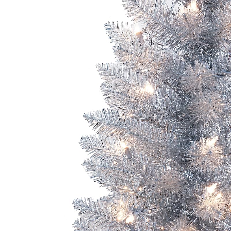 7 ft Pre-Lit Silver Tinsel Artificial Tree with 316 Tips and 150 Clear Lights - Variation: 7' Silver Tinsel 150 Clear Lights